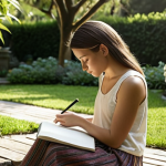 A person journaling outdoors in a serene garden, reflecting on their emotions, with soft, natural lighting. Focus on peacefulness and introspection.