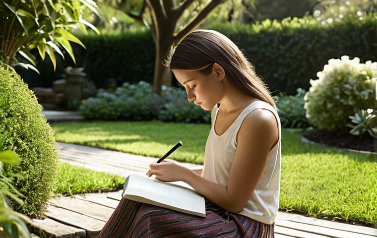 A person journaling outdoors in a serene garden, reflecting on their emotions, with soft, natural lighting. Focus on peacefulness and introspection.