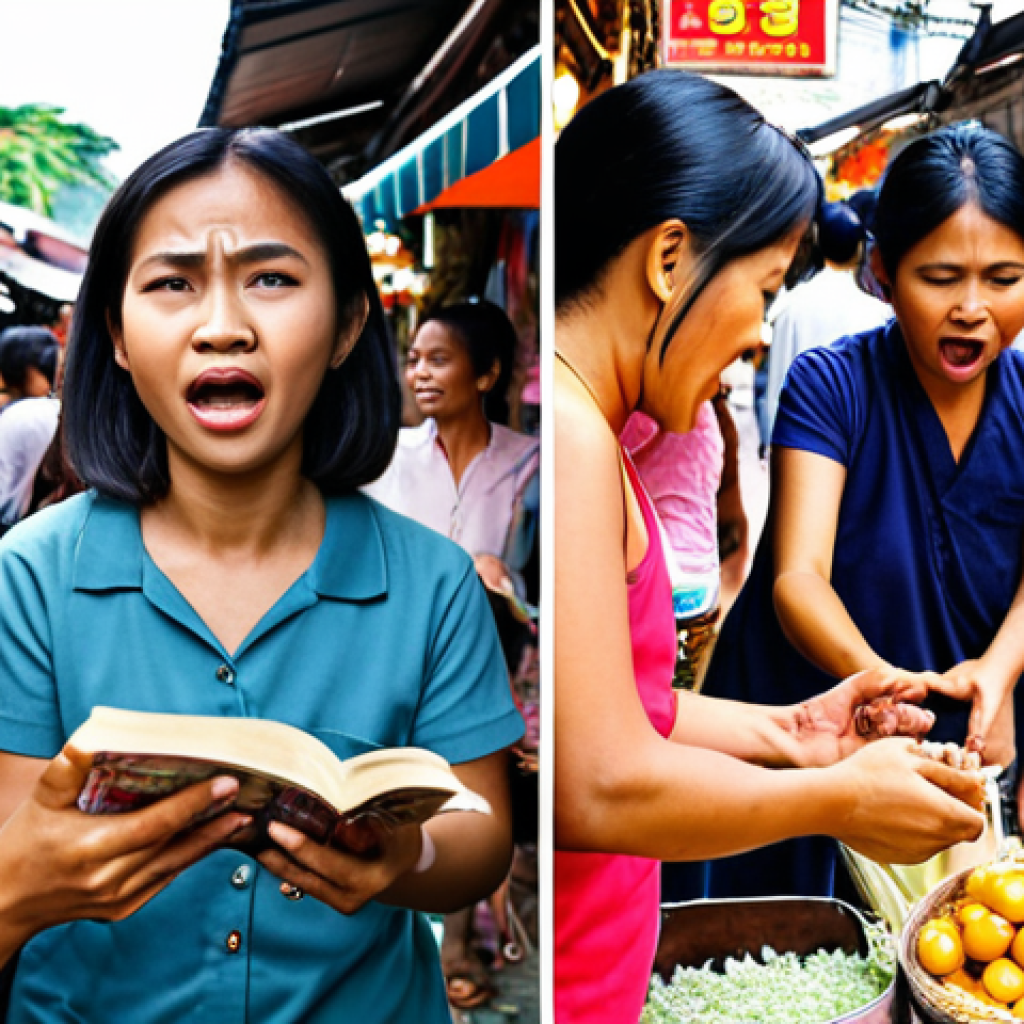 **A diverse group of people interacting in various everyday situations, each displaying a distinct emotion on their face (happiness, sadness, anger, surprise). The setting should be a bustling Thai street market, with vibrant colors and local details.** (This represents the importance of reading emotions in daily life and observing facial expressions).