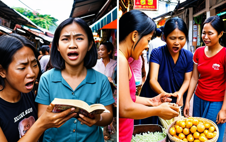 **A diverse group of people interacting in various everyday situations, each displaying a distinct emotion on their face (happiness, sadness, anger, surprise). The setting should be a bustling Thai street market, with vibrant colors and local details.** (This represents the importance of reading emotions in daily life and observing facial expressions).