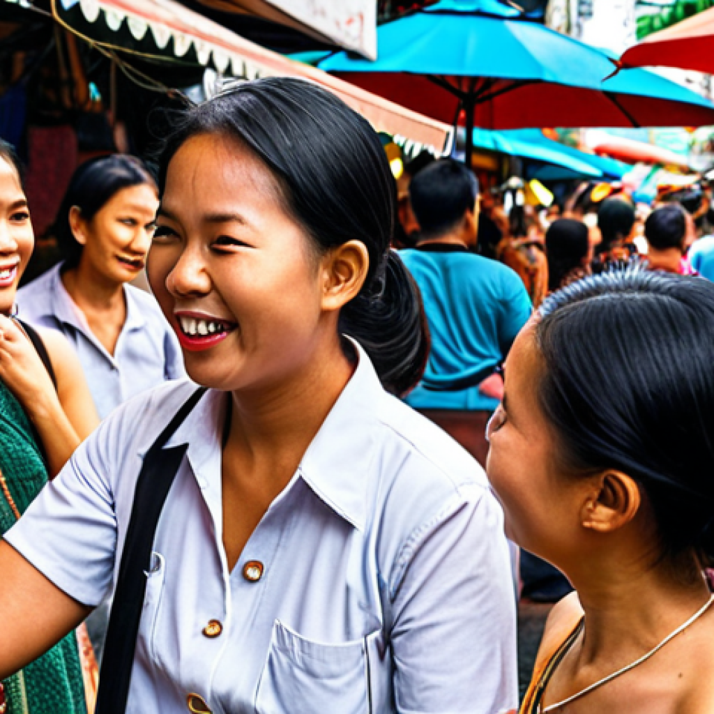 **
A diverse group of Thai people interacting in a bustling Bangkok street market. Focus on capturing a range of emotions through facial expressions and body language – happiness, curiosity, slight annoyance, and friendly negotiation. The background should feature colorful stalls selling street food and local crafts, with a vibrant and dynamic atmosphere.
**