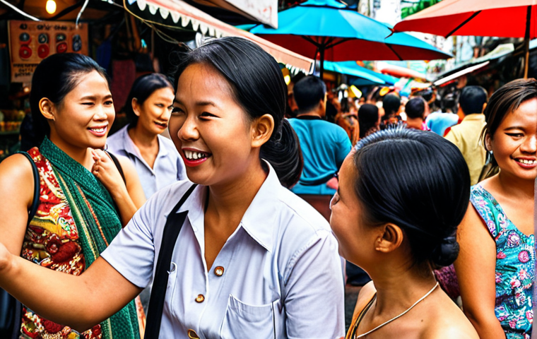 **

A diverse group of Thai people interacting in a bustling Bangkok street market. Focus on capturing a range of emotions through facial expressions and body language – happiness, curiosity, slight annoyance, and friendly negotiation. The background should feature colorful stalls selling street food and local crafts, with a vibrant and dynamic atmosphere.

**