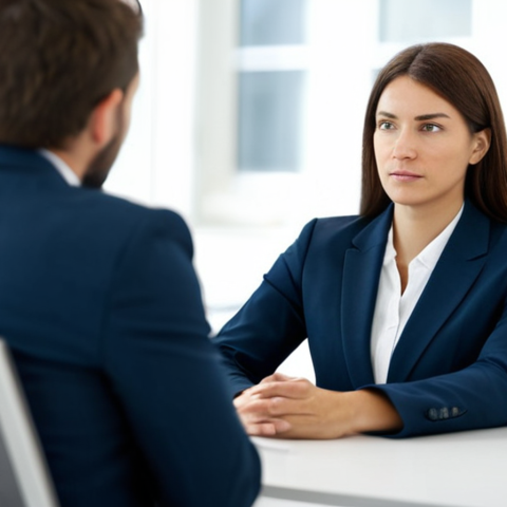A focused professional woman in a modest business suit, seated at a modern desk, engaging in an empathetic conversation with an unseen colleague. Her expression conveys deep understanding and active listening, with an open and natural posture. The background features a clean, well-lit office environment with blurred contemporary decor. perfect anatomy, correct proportions, natural pose, well-formed hands, proper finger count, natural body proportions, professional photography, high resolution, sharp focus, fully clothed, modest clothing, appropriate attire, professional dress, safe for work, appropriate content, professional.