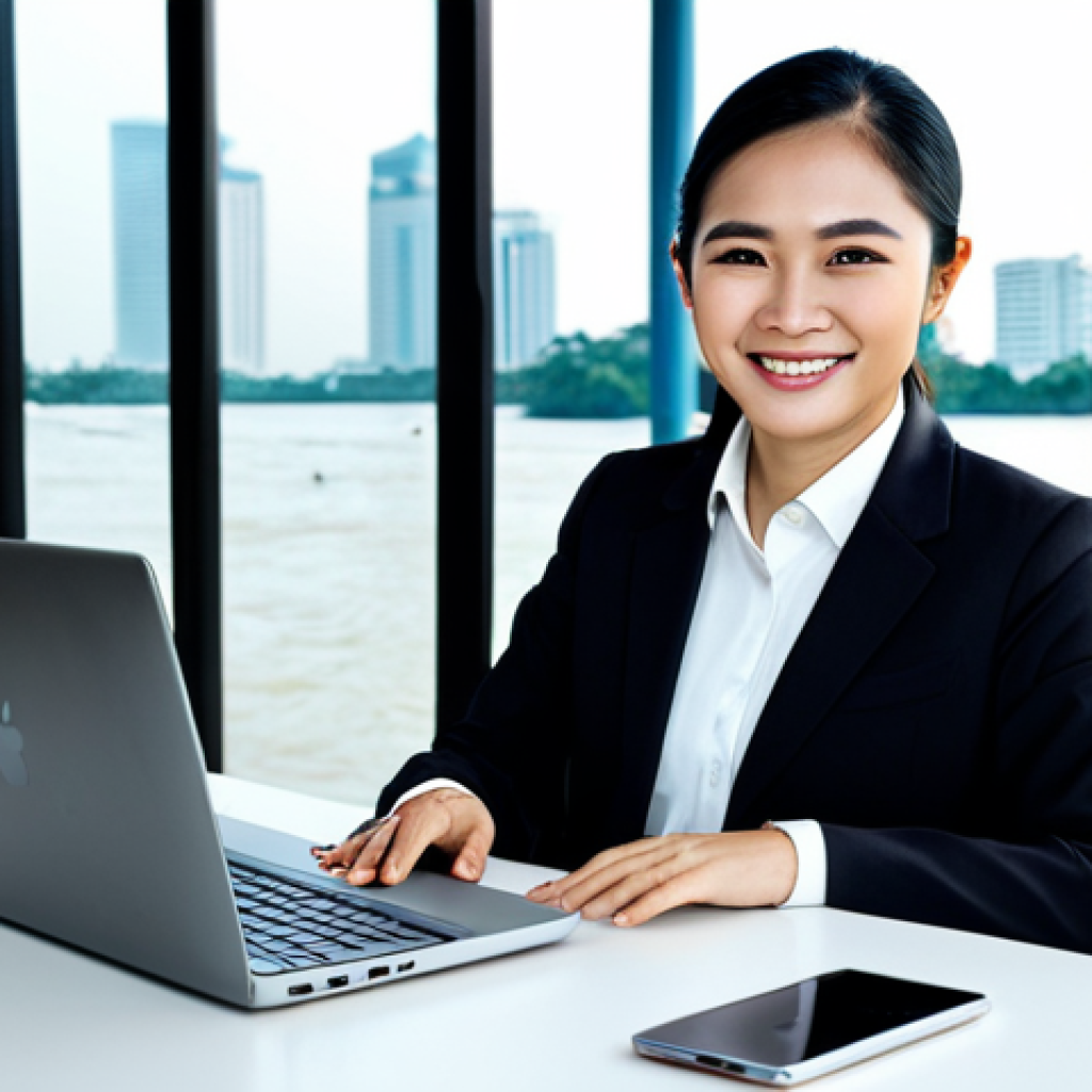 **
A professional Thai businesswoman in a modest, tailored business suit, smiling warmly while working on a laptop at a sleek, modern desk in a bright, open office space in Bangkok. Background shows a view of the Chao Phraya River. Fully clothed, appropriate attire, safe for work, perfect anatomy, natural proportions, professional photography, high quality, family-friendly.
**
