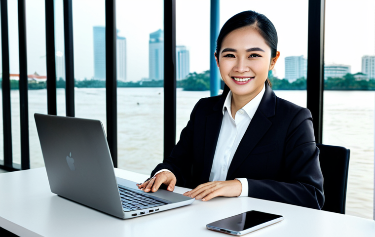 **

A professional Thai businesswoman in a modest, tailored business suit, smiling warmly while working on a laptop at a sleek, modern desk in a bright, open office space in Bangkok. Background shows a view of the Chao Phraya River. Fully clothed, appropriate attire, safe for work, perfect anatomy, natural proportions, professional photography, high quality, family-friendly.

**