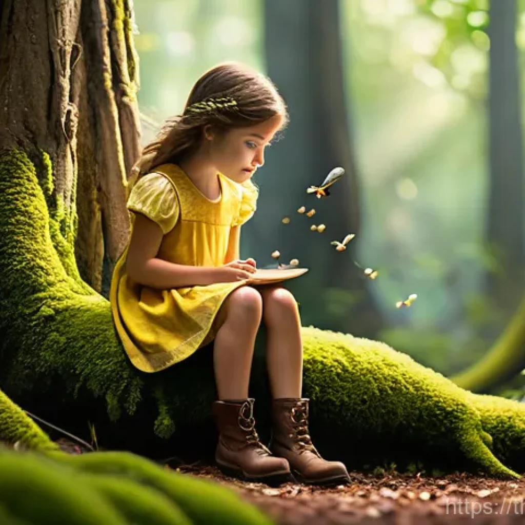 감정 해독을 통한 관계 회복 전략 - A whimsical forest scene featuring a curious young girl, around 8 years old, with bright, sparkling ...