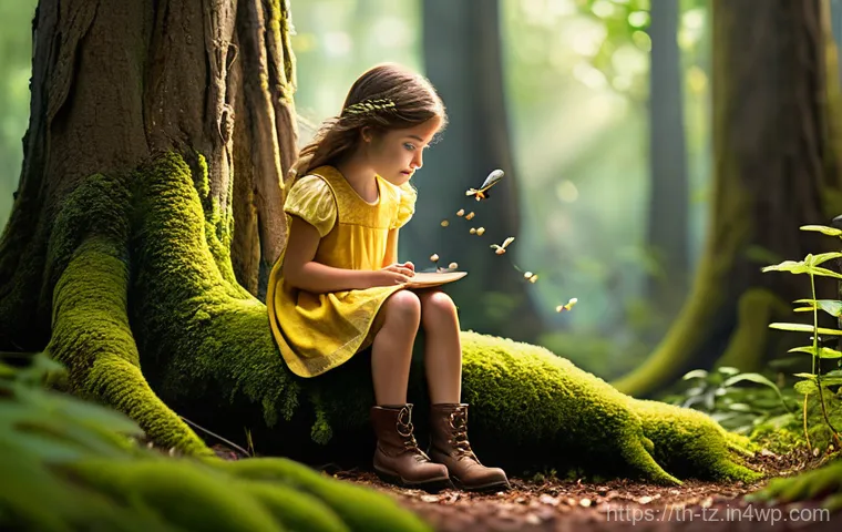 감정 해독을 통한 관계 회복 전략 - A whimsical forest scene featuring a curious young girl, around 8 years old, with bright, sparkling ...