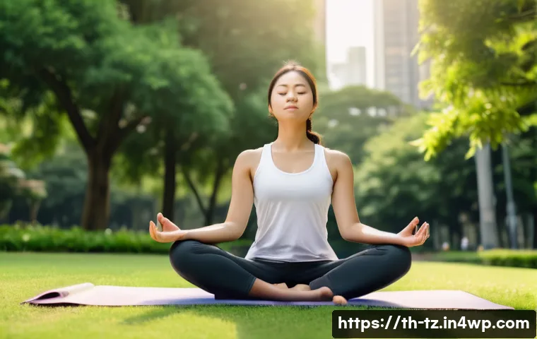 감정 해독을 위한 실험적 치료 접근법 - A serene scene of a young Asian woman practicing mindfulness meditation in a peaceful urban park dur...