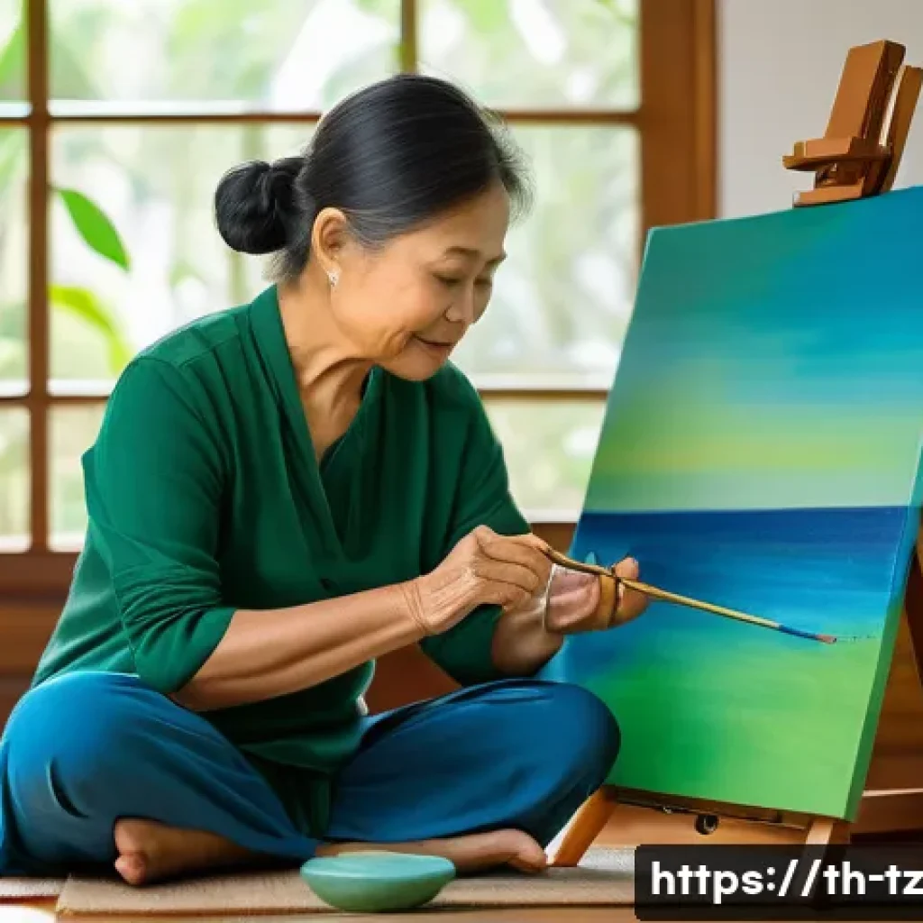 감정 해독을 위한 아트 테라피 기법 - A serene art therapy session showing a middle-aged Thai woman painting with gentle blue and green ac...