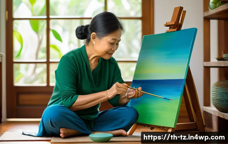 감정 해독을 위한 아트 테라피 기법 - A serene art therapy session showing a middle-aged Thai woman painting with gentle blue and green ac...