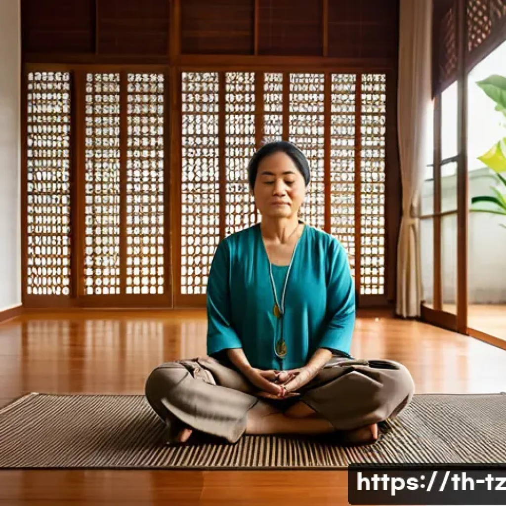 감정 해독과 자아 발전의 상관관계 - A serene and cozy modern Thai living room scene showing a middle-aged Thai woman practicing mindfuln...
