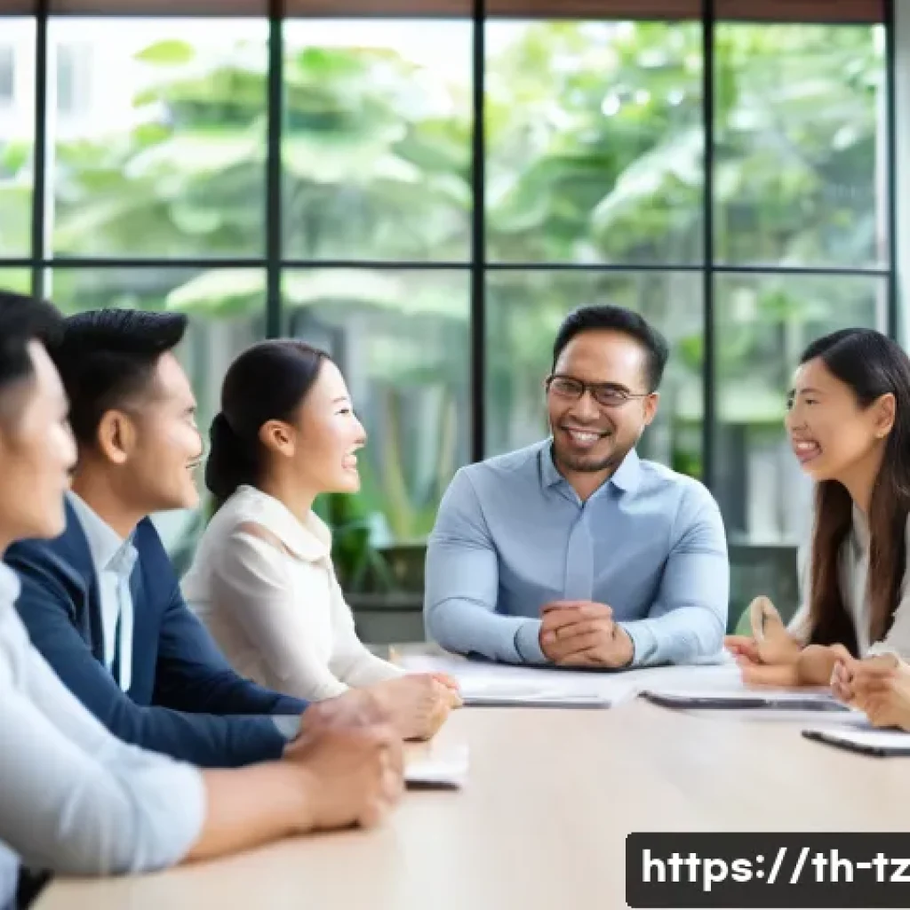 감정 해독과 감정 표현의 중요성 - A warm and inviting modern Thai office environment where a diverse team of professional adults engag...