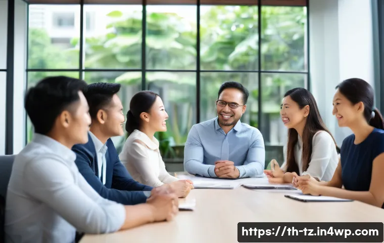 감정 해독과 감정 표현의 중요성 - A warm and inviting modern Thai office environment where a diverse team of professional adults engag...