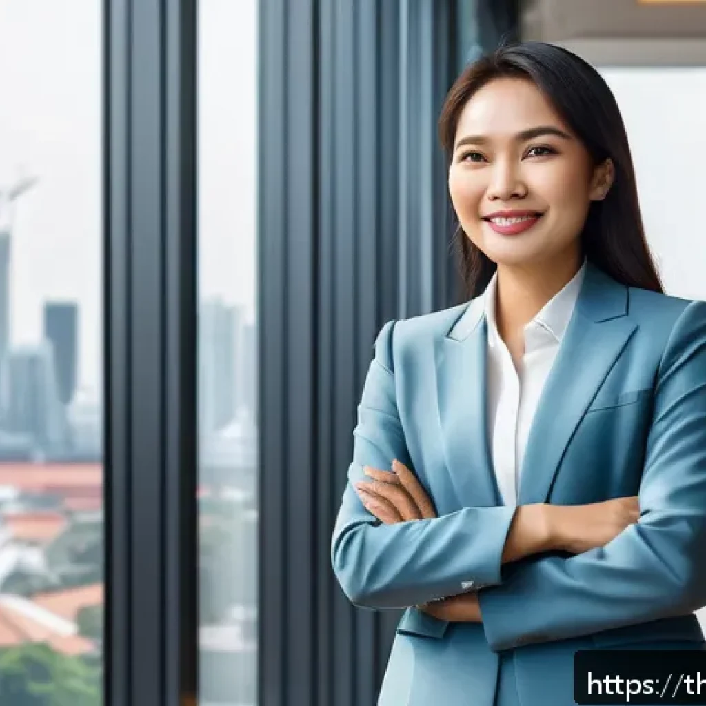 감정 해독을 위한 감정 표현 방법 - A confident Thai businesswoman standing in a modern office environment, making direct eye contact wi...