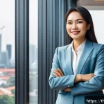 Home 22 감정 해독을 위한 감정 표현 방법 - A confident Thai businesswoman standing in a modern office environment, making direct eye contact wi...