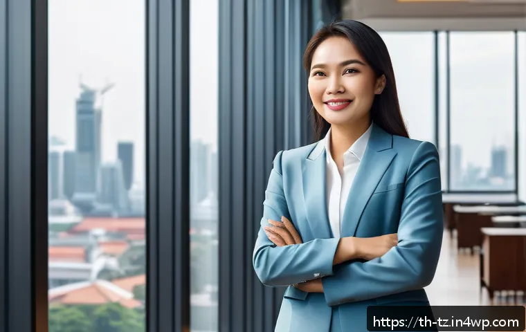 감정 해독을 위한 감정 표현 방법 - A confident Thai businesswoman standing in a modern office environment, making direct eye contact wi...