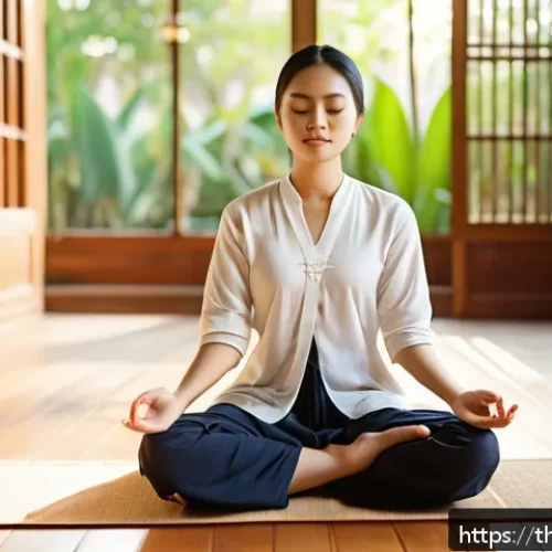 Home 31 감정 해독을 위한 효과적인 질문 리스트 - A serene Thai woman sitting cross-legged on a traditional wooden floor in a softly lit room, practic...
