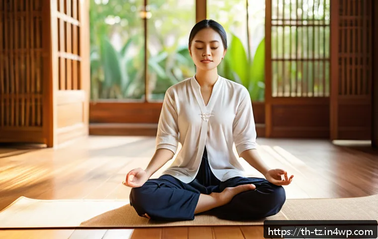 감정 해독을 위한 효과적인 질문 리스트 - A serene Thai woman sitting cross-legged on a traditional wooden floor in a softly lit room, practic...