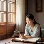 Home 18 감정 해독을 위한 목표 설정의 중요성 - A serene indoor scene of a young Thai woman sitting comfortably on a wooden floor beside a window, j...