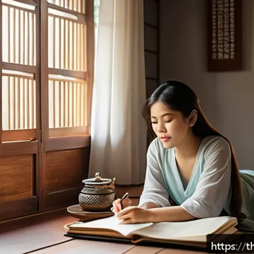 Home 30 감정 해독을 위한 목표 설정의 중요성 - A serene indoor scene of a young Thai woman sitting comfortably on a wooden floor beside a window, j...