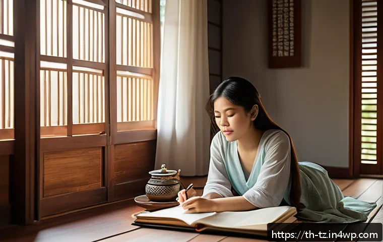 감정 해독을 위한 목표 설정의 중요성 - A serene indoor scene of a young Thai woman sitting comfortably on a wooden floor beside a window, j...