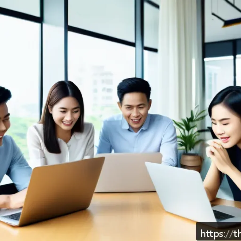 감정 해독의 미래 방향 제시 - A modern digital communication scene showing a diverse group of young Thai professionals in an open ...