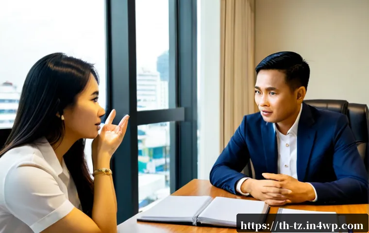 감정 해독의 실전 사례 분석 - Photorealistic Thai workplace coaching scene, a calm Thai woman manager and an adult employee seated...