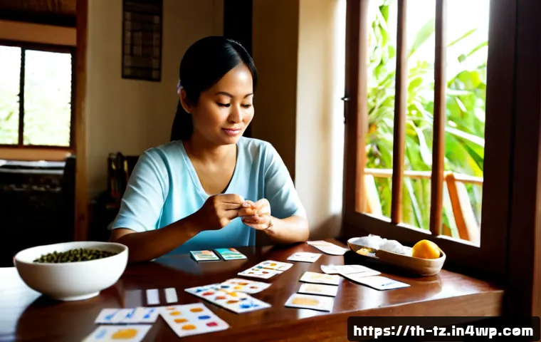 Home 29 감정 해독을 위한 실용적 지침서 - Photorealistic Thai woman in her early 40s sitting calmly at a sunlit wooden table, sorting colored ...