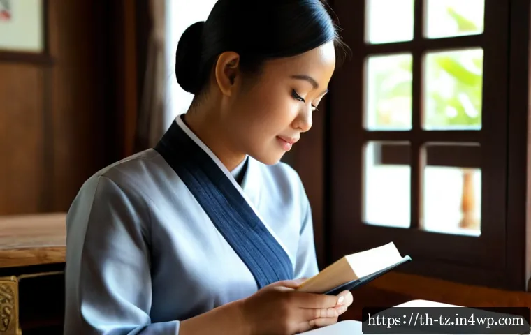 Home 17 감정 해독의 감정적 효과 이해하기 - Photorealistic Thai woman in her early forties sitting calmly at a sunlit home desk, holding a blank...